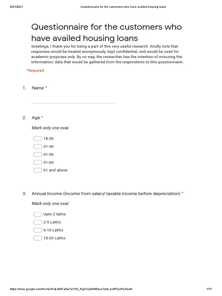 Housing Loan Customer Questionnaire | PDF | Banks | Loans