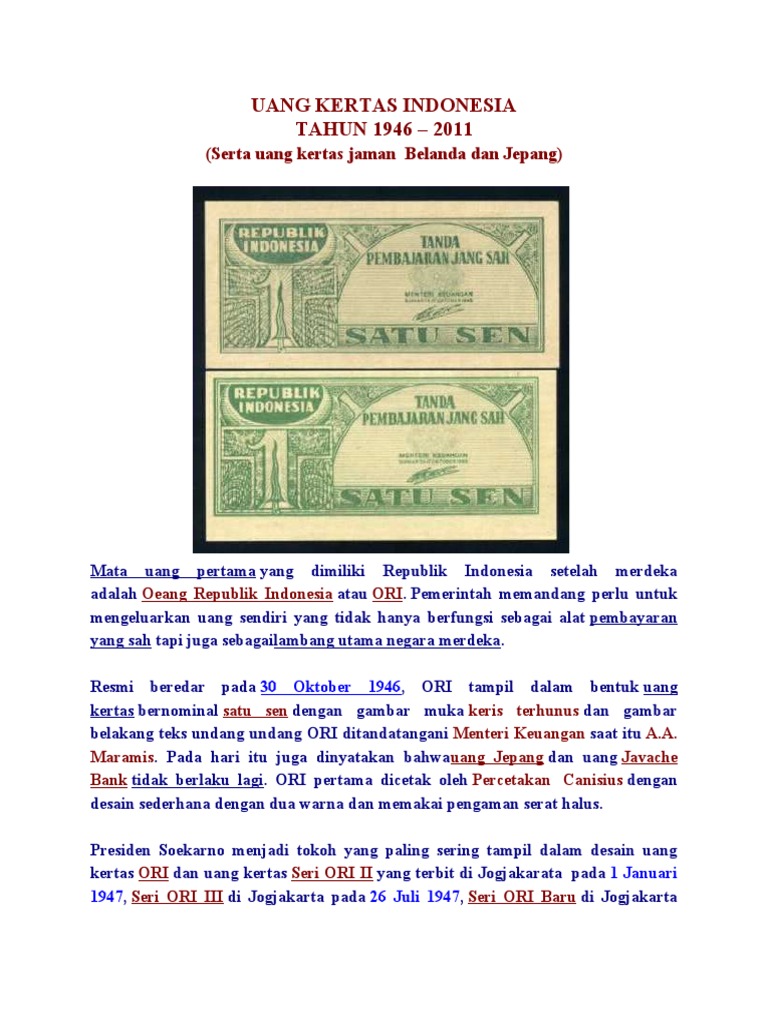 Sejarah Munculnya Uang Uang Kertas Indonesia