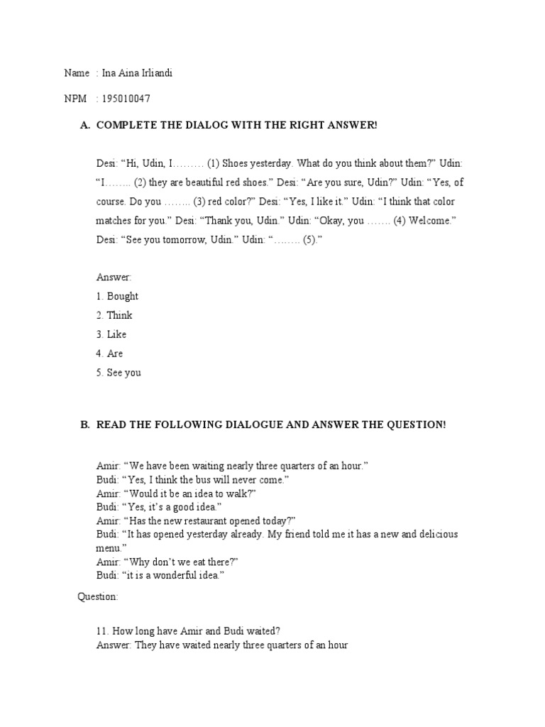 Complete The Dialog With The Right Answer | PDF