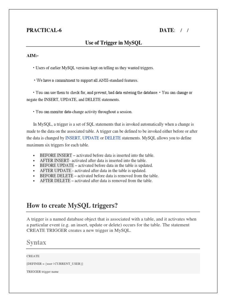 Practical 6 Use of Triggers | PDF | Information Retrieval | Software