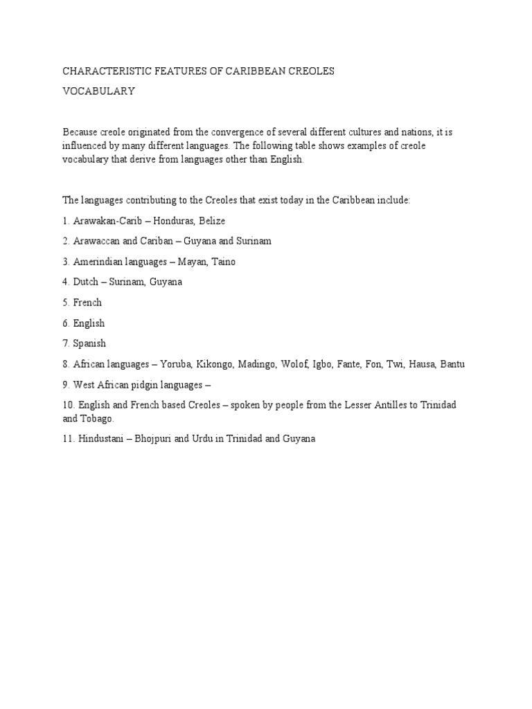 Caribbean Creole Vocabulary and Grammar | PDF | Verb | Adjective