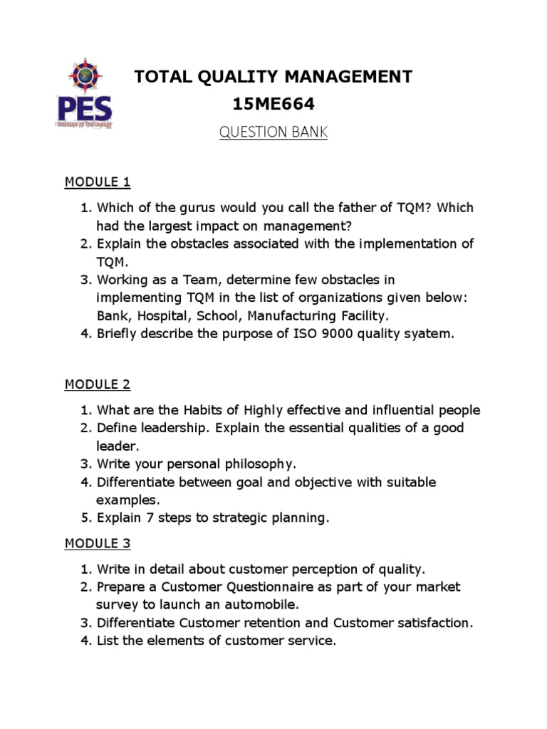 Total Quality Management 15ME664: Question Bank | PDF