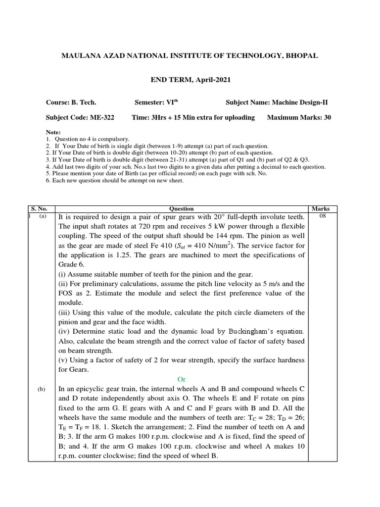 B.Tech VI Sem Machine Design Exam | PDF | Gear | Bearing (Mechanical)