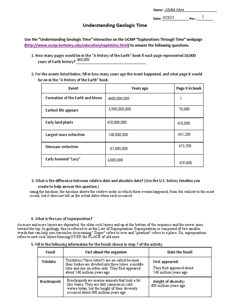 Geologic Time Fill In Worksheet