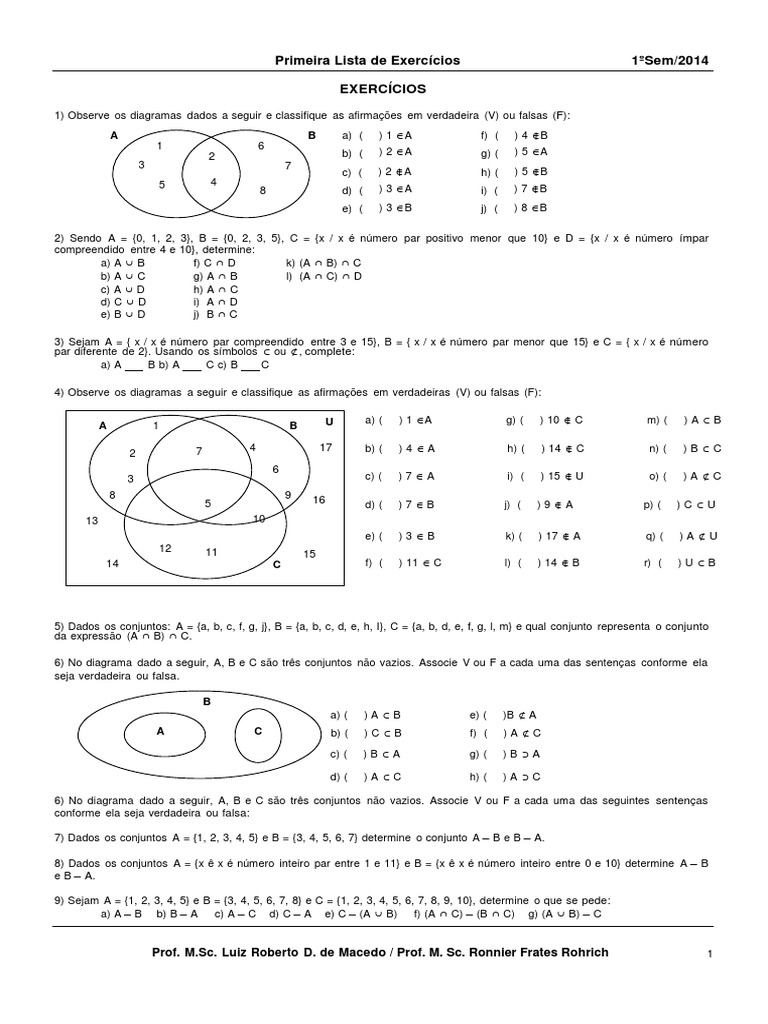 Primeira Lista de Exercícios de Conjuntos e Diagramas de Venn | PDF ...