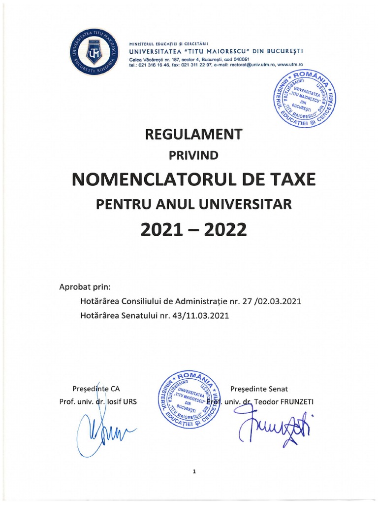 Regulamentul Privind Nomenclatorul De Taxe Pentru Anul Universitar 2021 2022