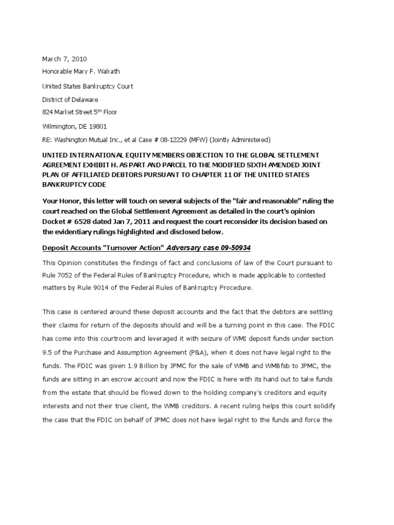 Washington Mutual (WMI) Objection To Global Settlement Agreement in