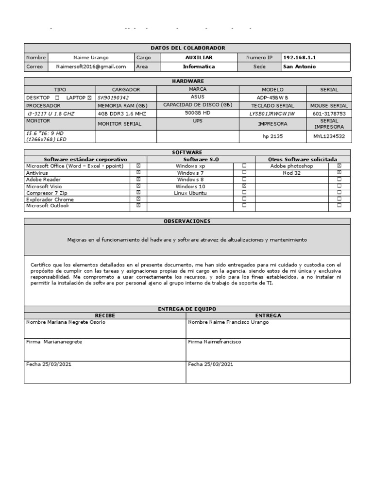 Acta de Entrega de Equipos de Cómputo | PDF | Microsoft | Microsoft Windows