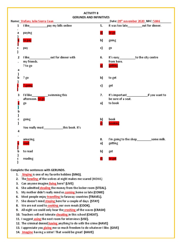 Gerunds and Infinitives Practice Worksheet | PDF | Linguistics | Syntax