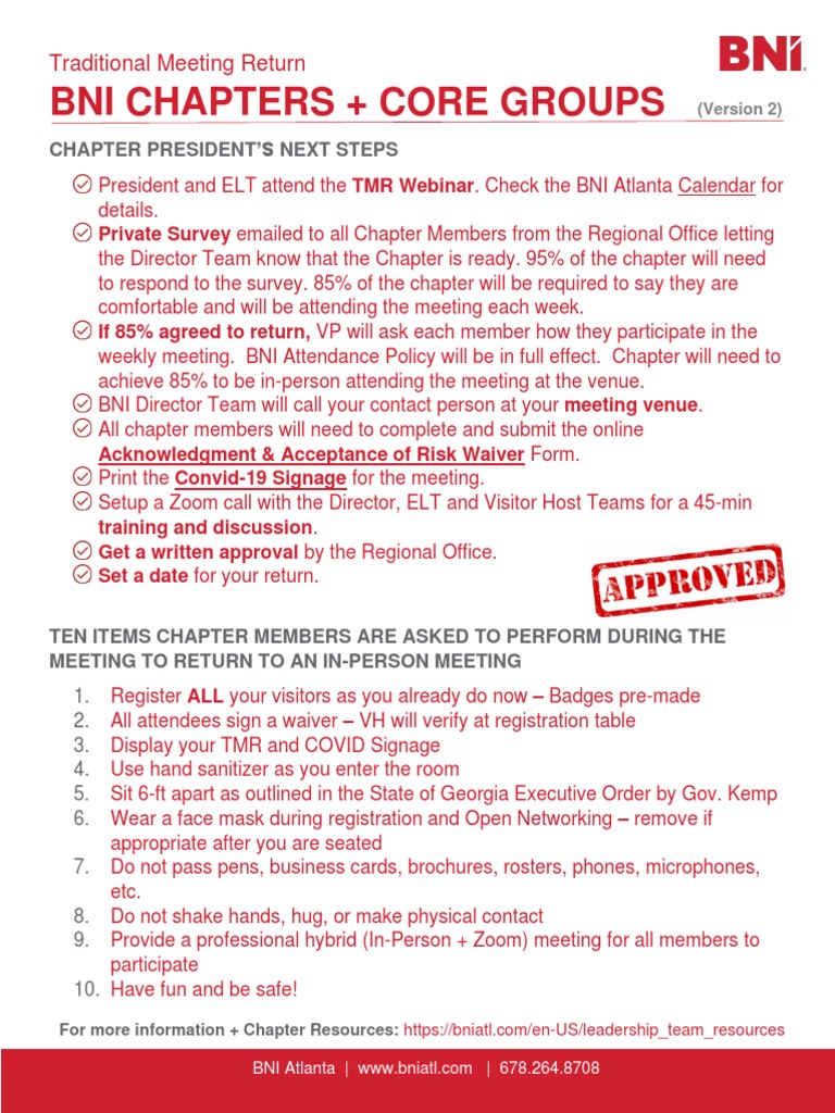 Bni Chapters + Core Groups Traditional Meeting Return PDF
