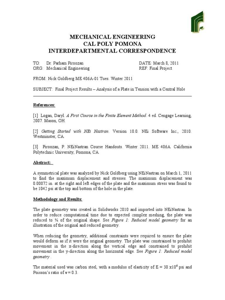 Mechanical Engineering Cal Poly Pomona Interdepartmental Correspondence