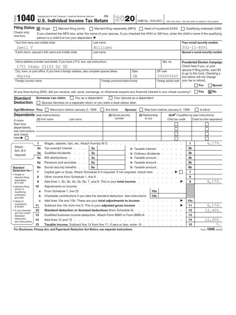 Single Filer Tax Return Showing Standard Deduction and No Taxable