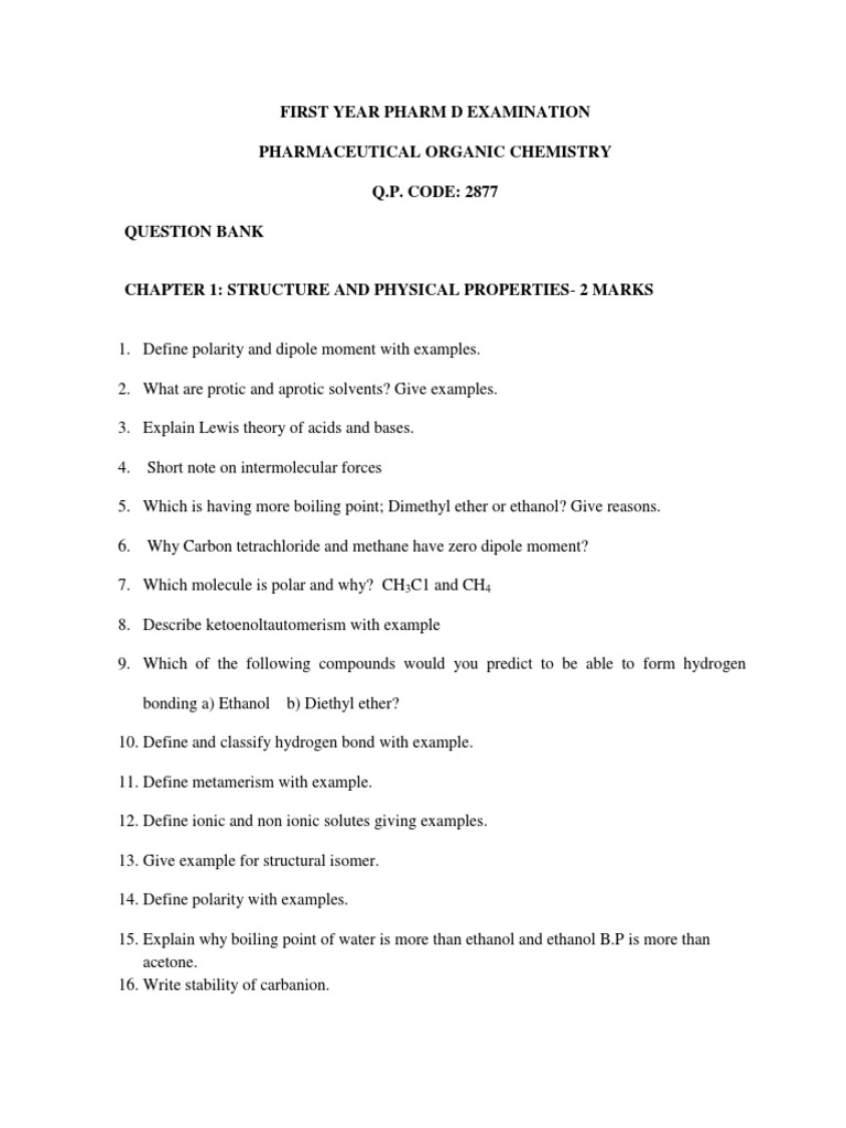 Pharm D 1st Year Organic Chemistry Q&A | PDF | Ester | Carboxylic Acid