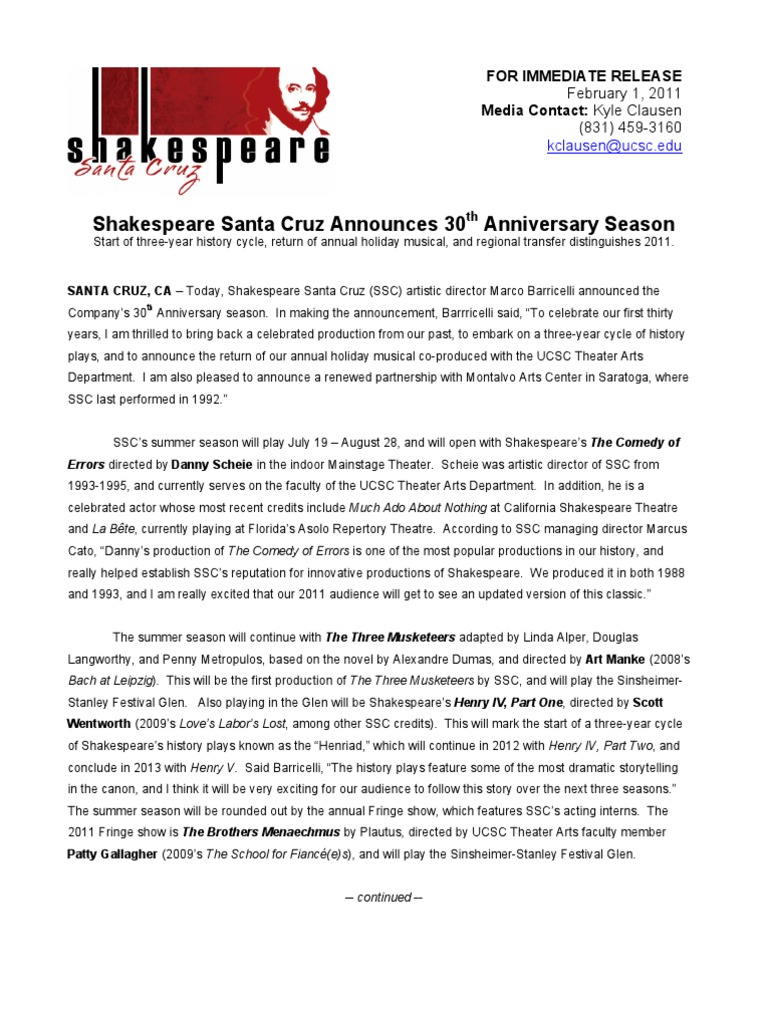 Shakespeare Santa Cruz Announces 30th Anniversary Season PDF