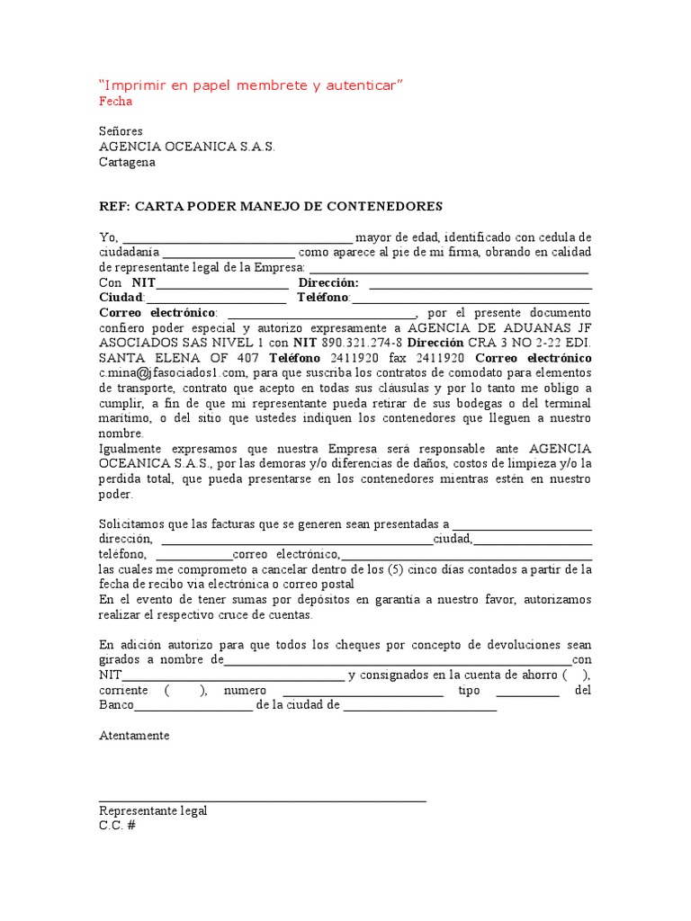 Oceanica Carta Poder Contenedores1 | PDF | Finanzas y dinero