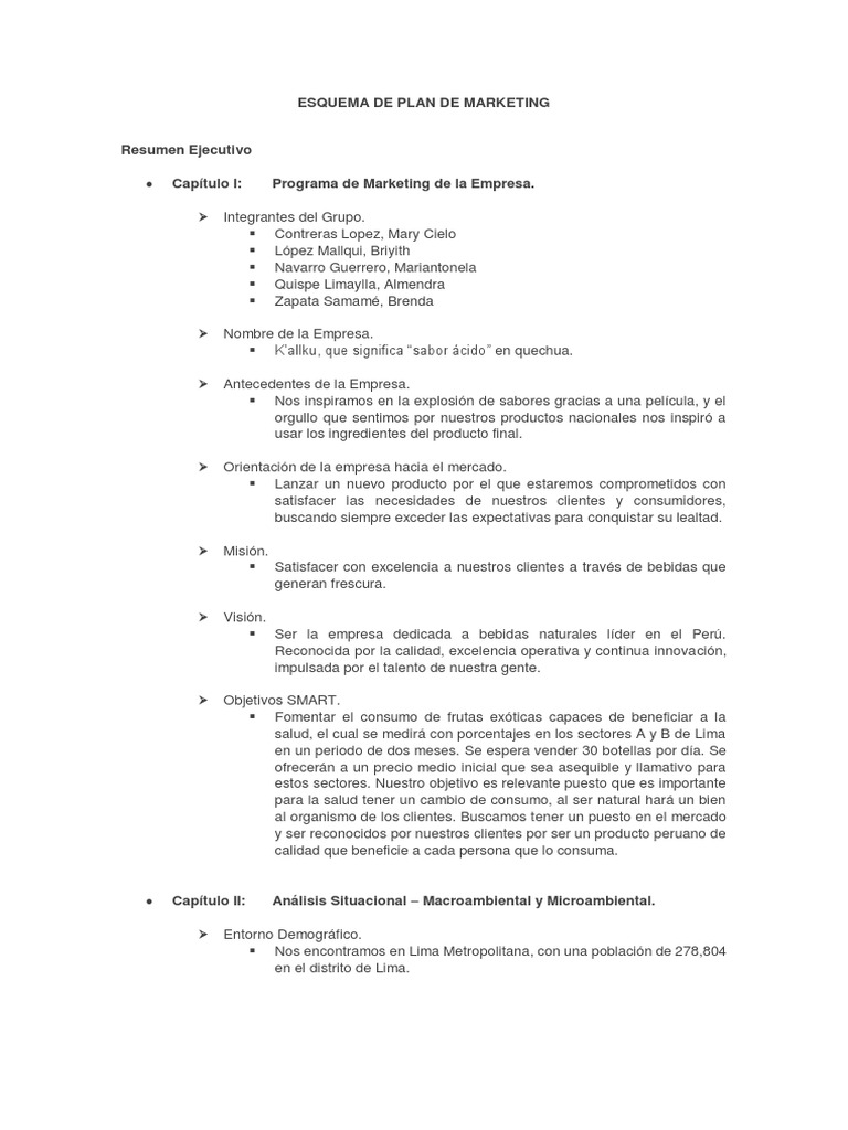 Esquema de Plan de Marketing Kallku | PDF | Botella | Producto (Negocio)