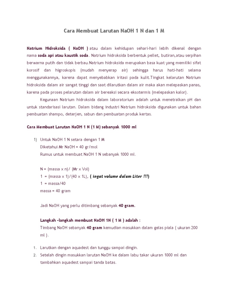 Cara Membuat Larutan NaOH 1 N Dan 1 M | PDF