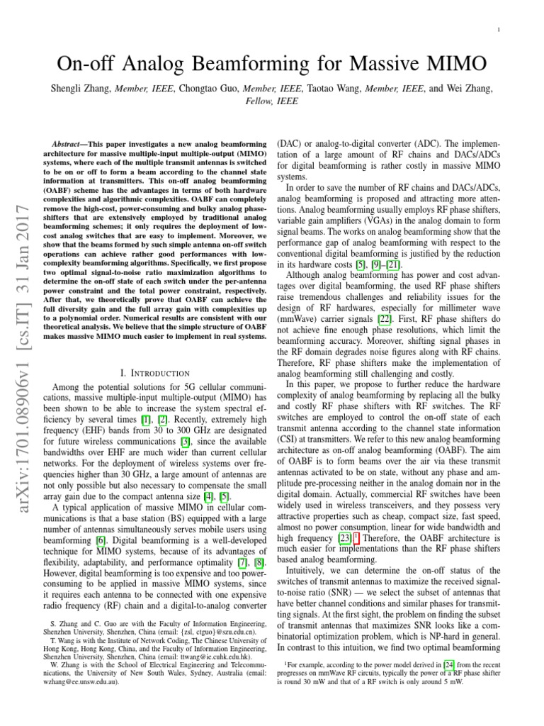 On-Off Analog Beamforming For Massive MIMO | PDF | Mimo | Antenna (Radio)
