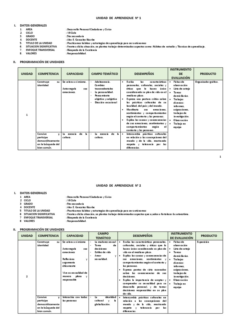 Unidad de Aprendizaje DPCC 5to Secundaria | PDF | Desarrollo personal ...