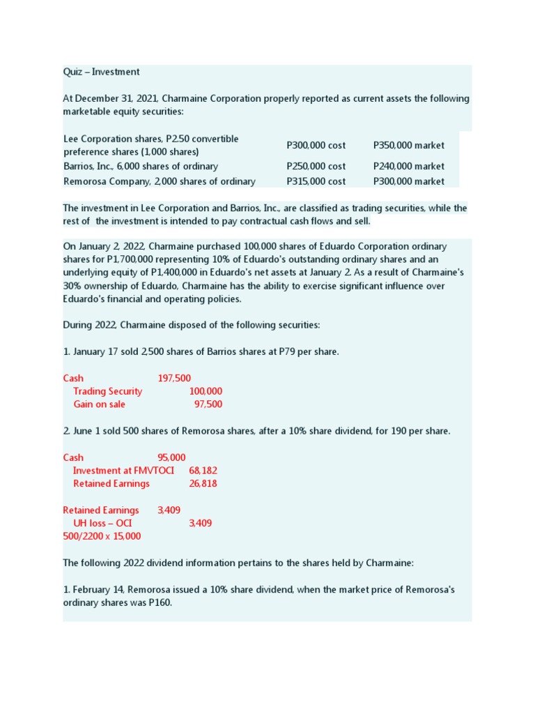 Quiz Investment ANSWER PDF Dividend Securities (Finance)