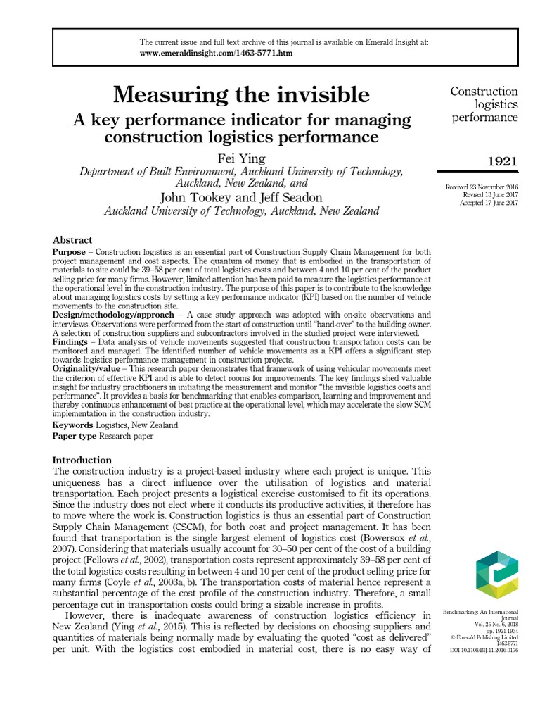 Construction Logistics Key Performance Indicators (UH LIB) | PDF ...