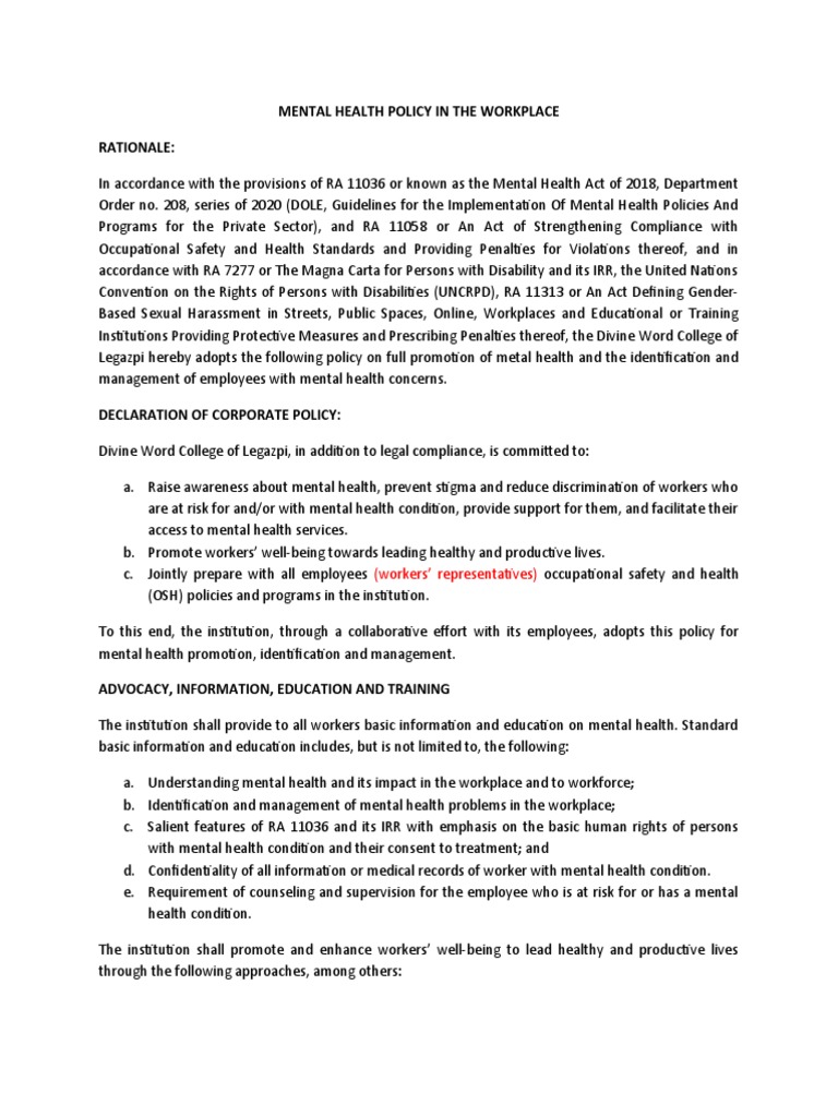 Mental Health Policy in The Workplace Rationale:: (Workers ...
