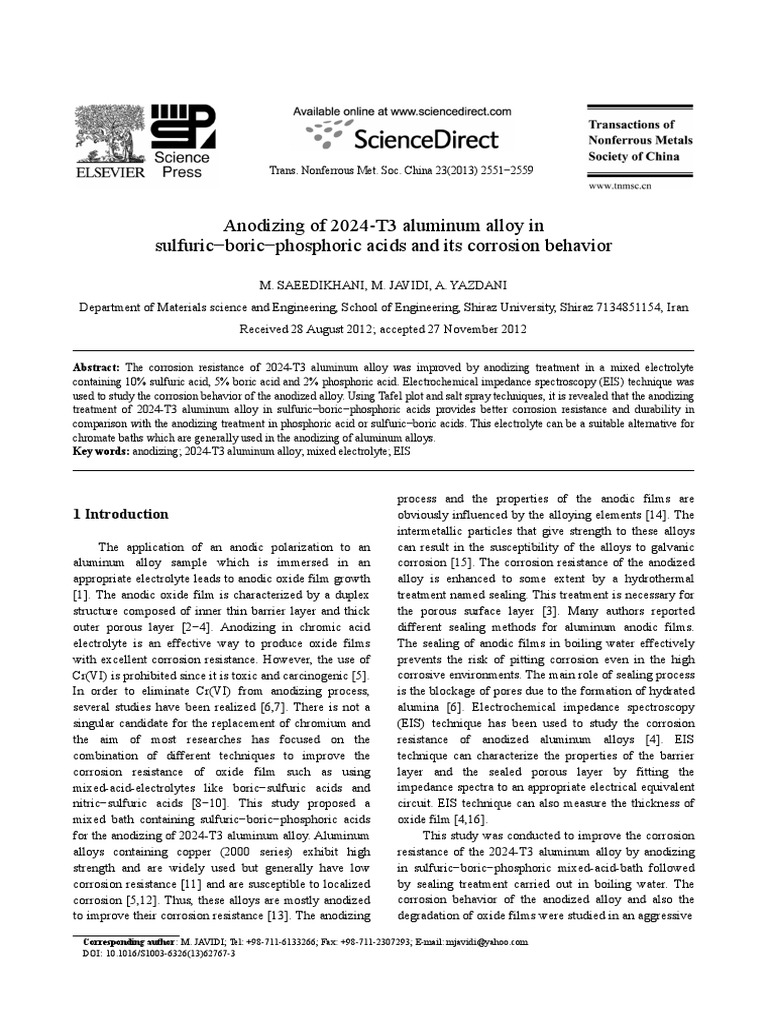 Anodizing of 2024T3 Aluminum Alloy in Sulfuric Boric Phosphoric Acids