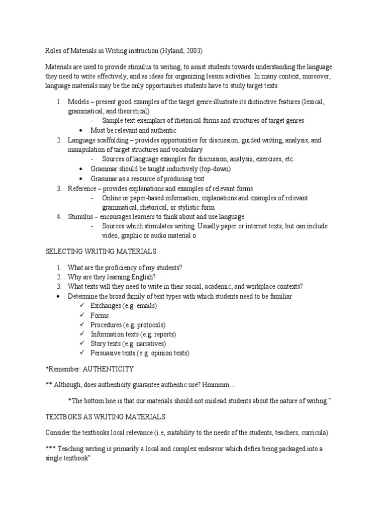 Writing Instruction Materials Overview | PDF | Linguistics | Learning