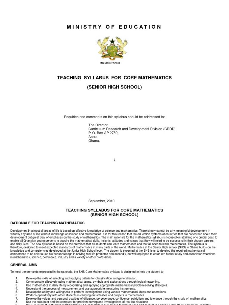 Core Maths Syllabus Shs PDF Educational Assessment Numbers