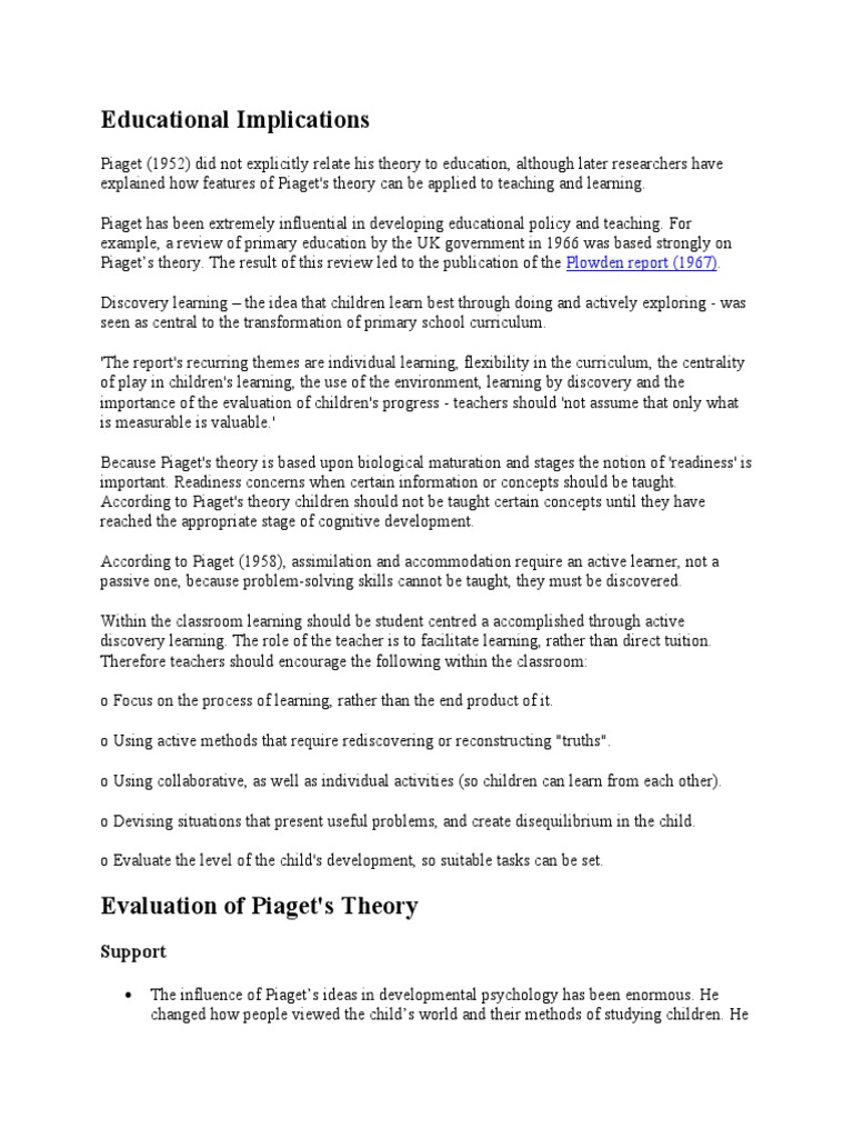 Piaget Educational Implications PDF Cognitive Development