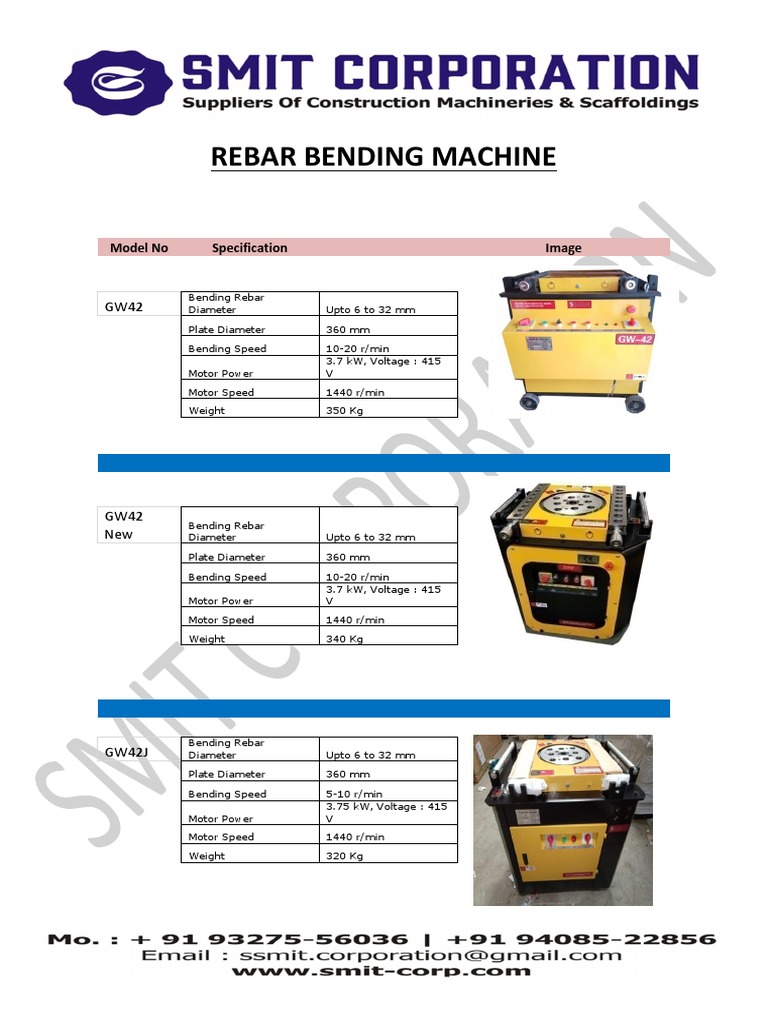Rebar Bending Machine Model No Specification Image PDF