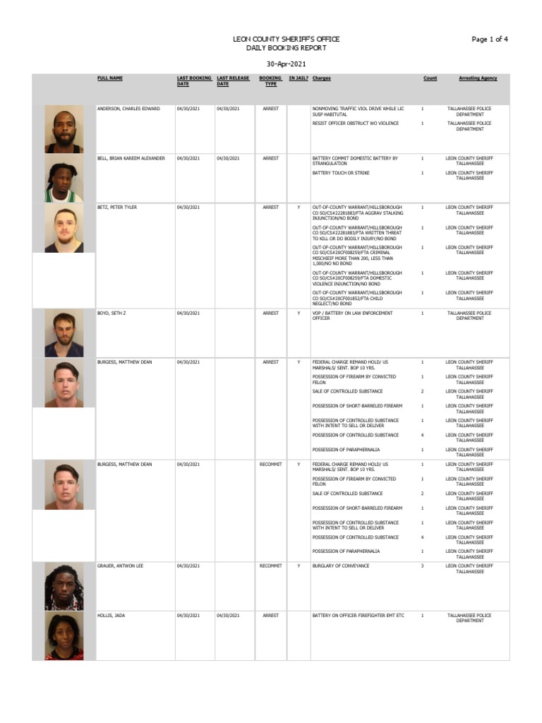 Leon County Booking Report May 1, 2021 PDF Burglary Problem Behavior