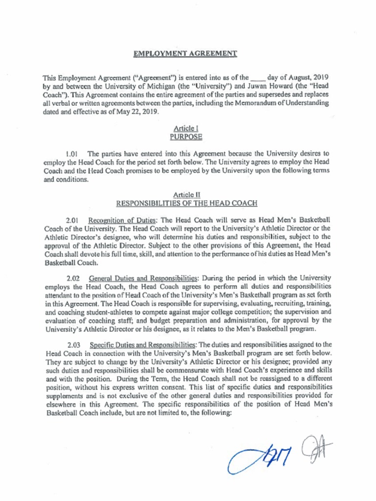 Ju Wan Howard Michigan Contract 2019 PDF