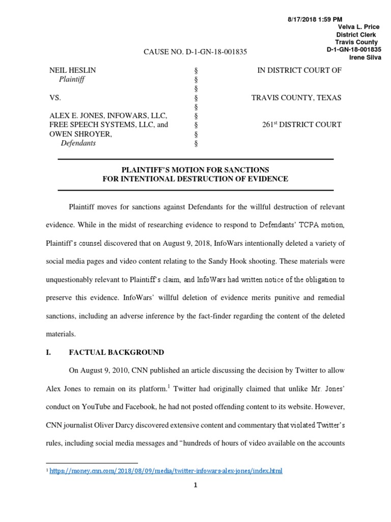 Plaintiff Plaintiff'S Motion For Sanctions For Intentional Destruction