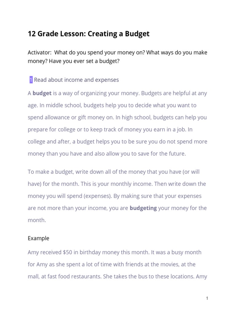 12 Grade Lesson - Creating A Budget | PDF | Self-Improvement