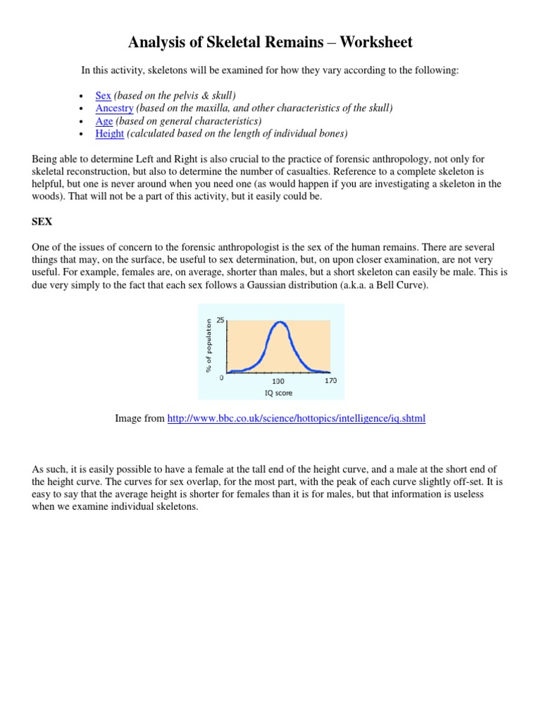 Analysis of Skeletal Remains - Worksheet: Sex Ancestry Age Height | PDF |  Skull | Pelvis