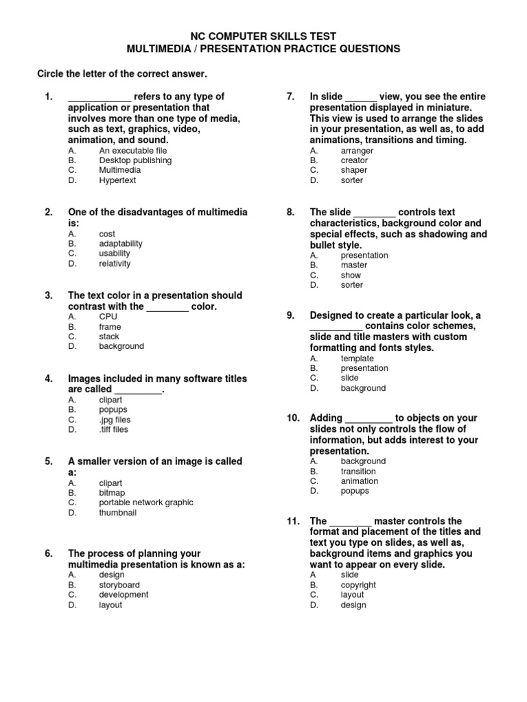 Multimedia multiple choice quiz page layout multimedia