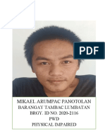 Mikael Arumpac Panotolan: Barangay Tambac Lumbatan BRGY. ID NO. 2020-2116 PWD Physical Impaired