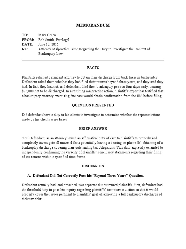 Legal Memorandum Example PDF Bankruptcy Bankruptcy In The United