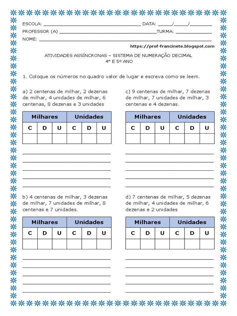 Atividades Assíncronas - Sistema de Numeração Decimal 4º e 5º Ano | PDF ...