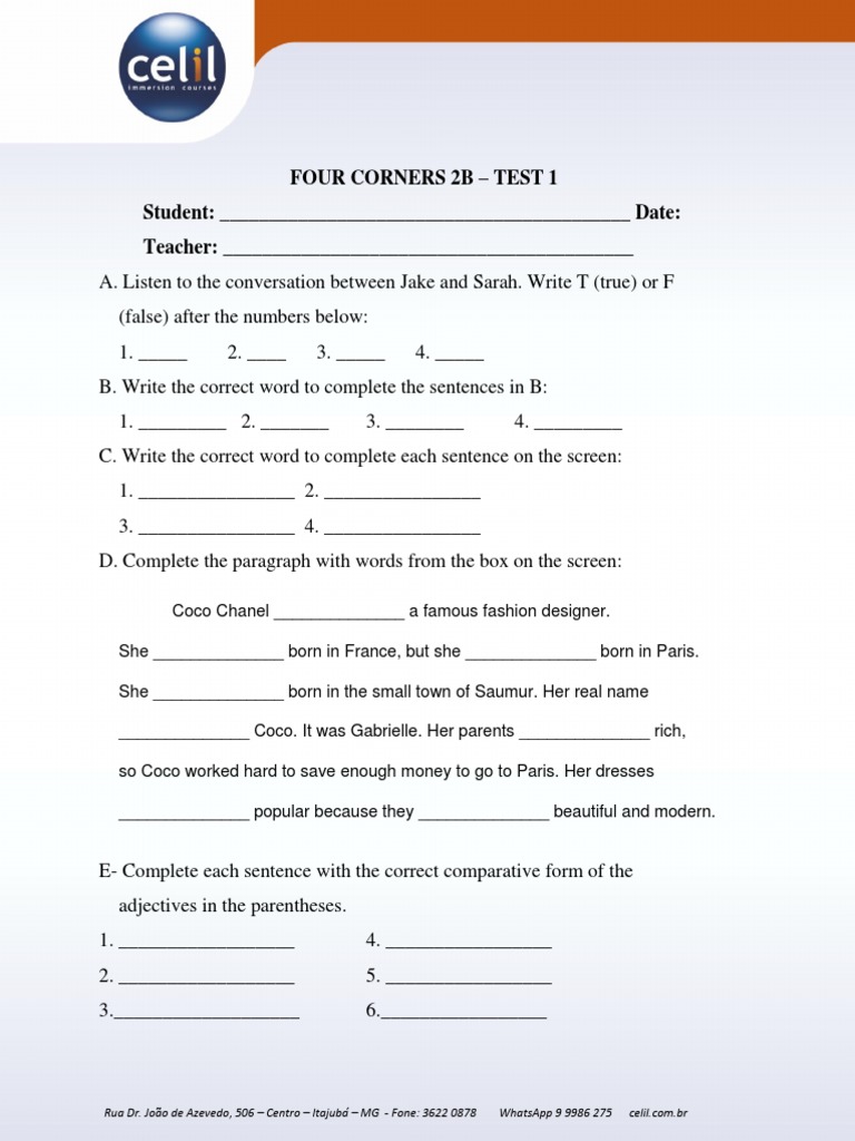 Four Corners 2B - Test 1 Answer Sheet | PDF | Linguistic Typology | Syntax