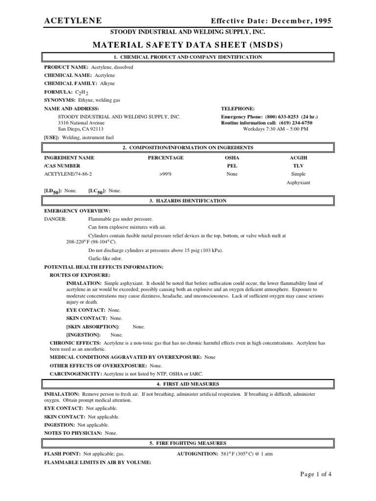 Acetylene Material Safety Data Sheet (MSDS) Stoody Industrial and