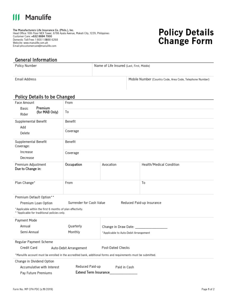 Manulife Policy Details Change Form | PDF | Life Insurance | Insurance