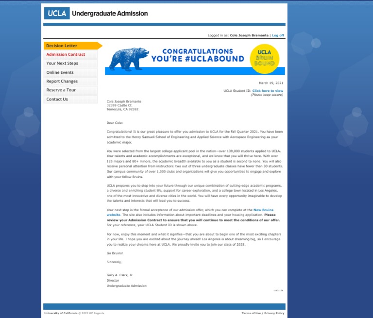 Ucla Acceptance Letter PDF University Of California Schools