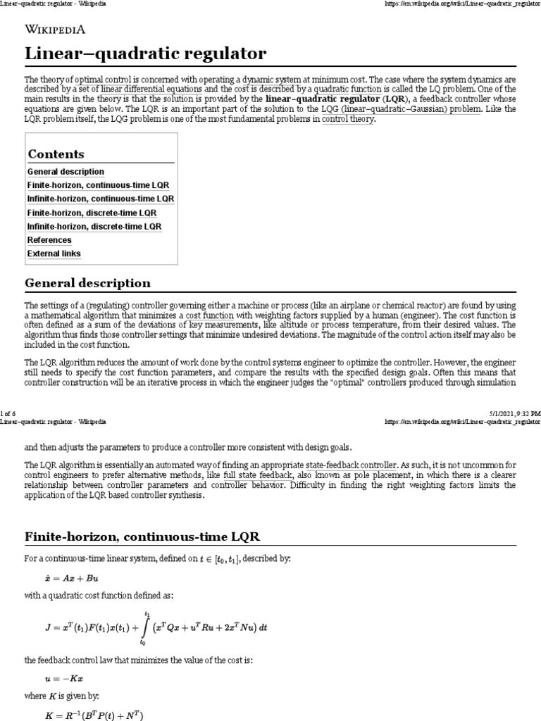 LinearQuadratic Regulator Wikipedia PDF Control Engineering Control Theory