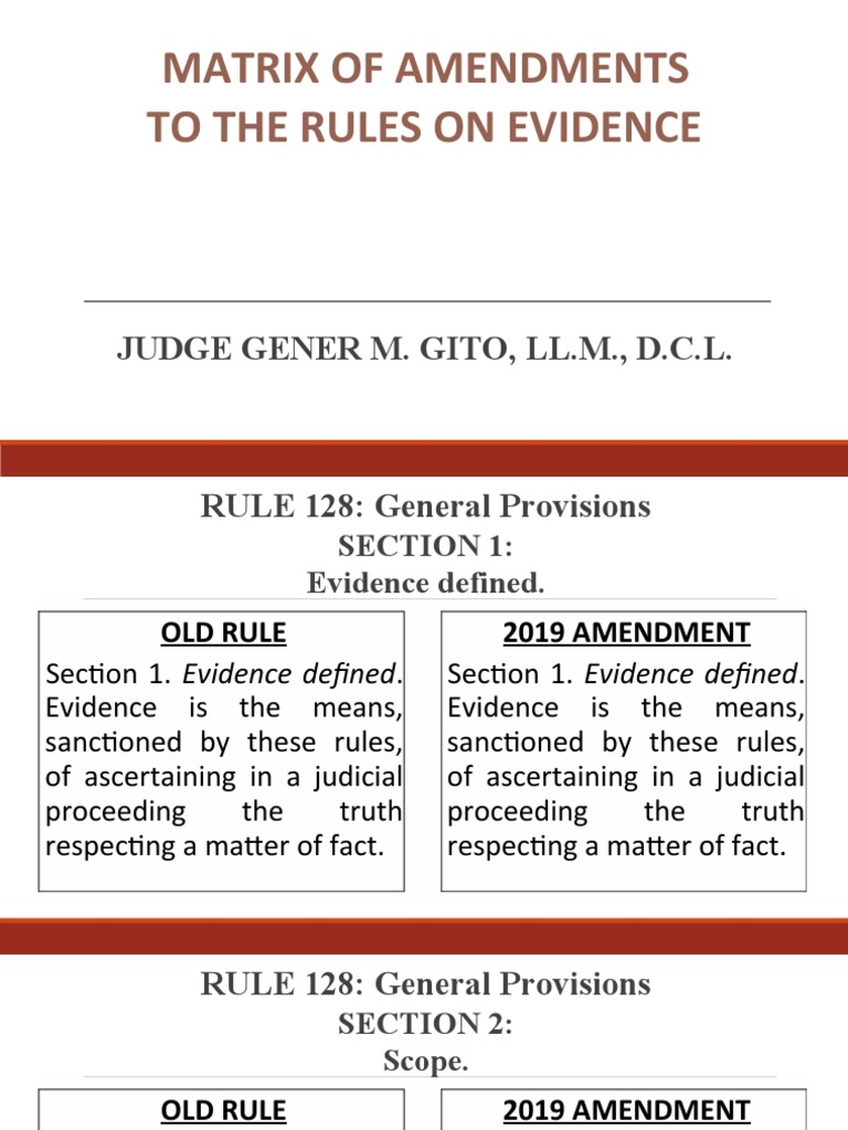 Evidence Rule Amendments Matrix | PDF | Judicial Notice | Parol ...