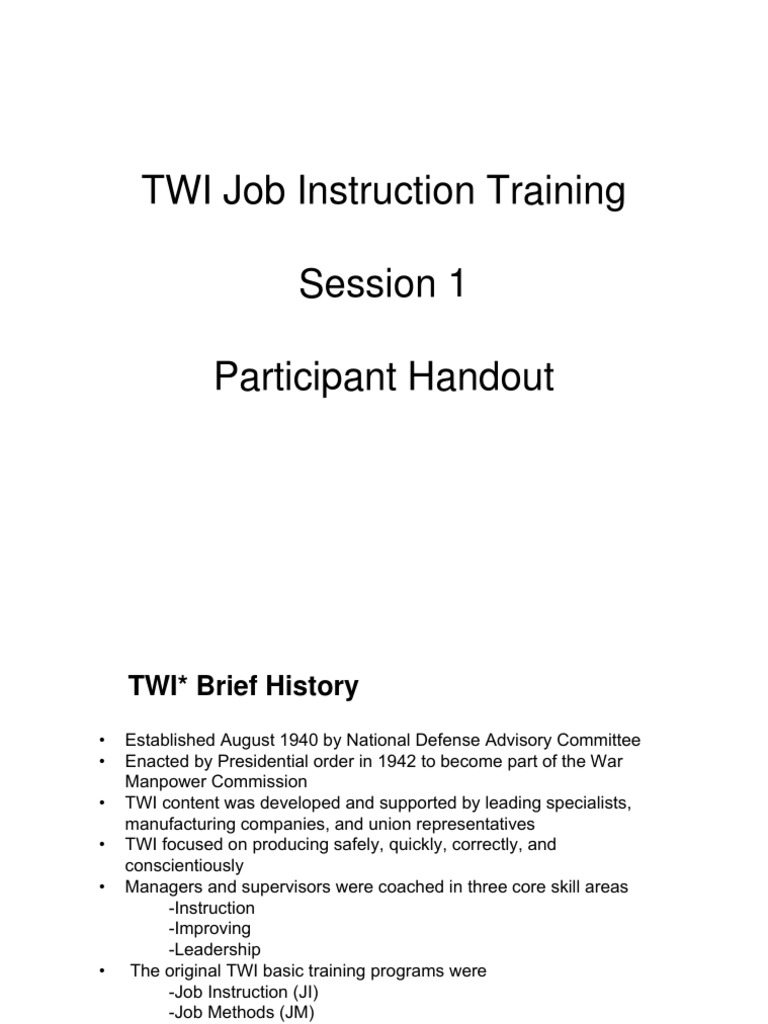 TWI Job Instruction Training Session 1 Participant Handout | PDF ...