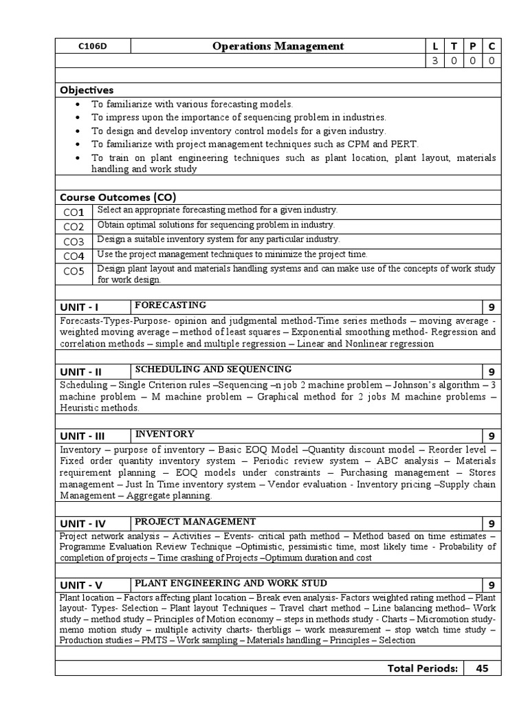 Syllabus Operations Management Pdf Scheduling Production