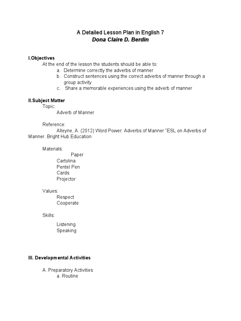 Grade 7 Adverbs Lesson Plan | PDF | Verb | Adverb