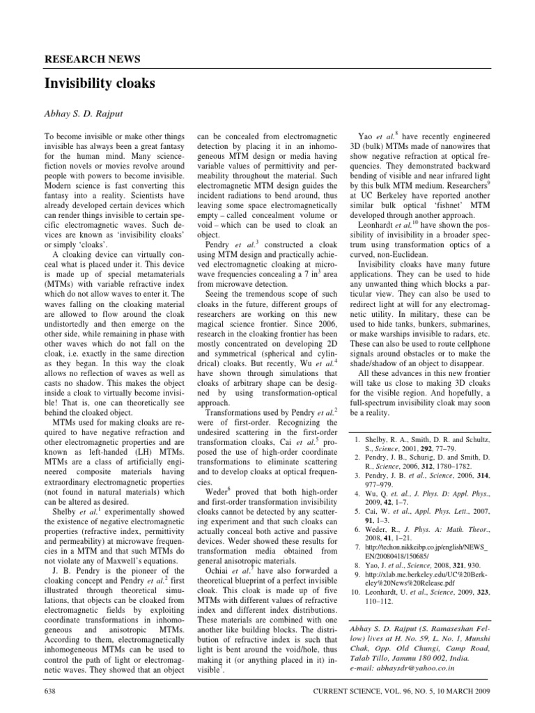 Advances in Invisibility Cloak Research | PDF